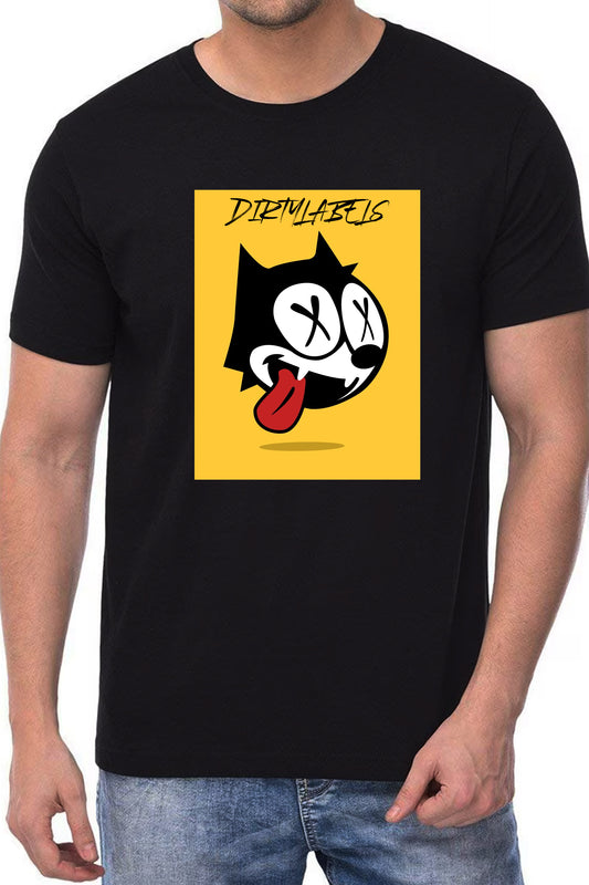 DirtyLabels Black T-Shirt featuring a trendy cartoon apparel graphic design