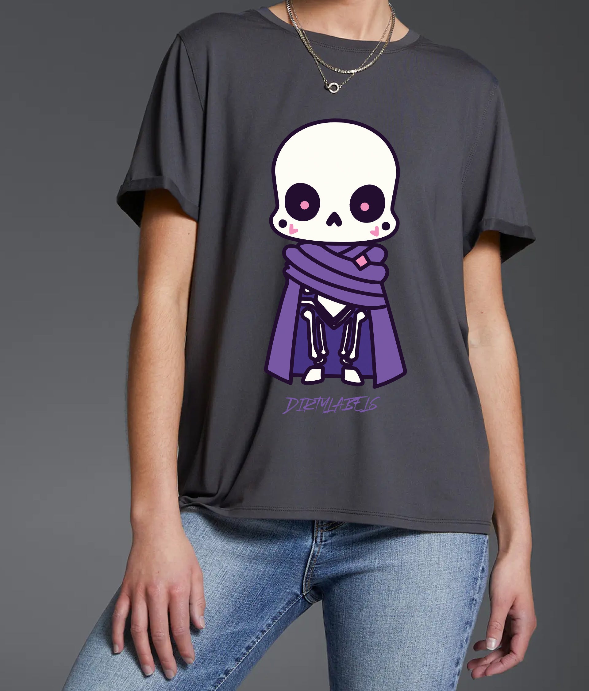 Trendy skull tee for women featuring a cute skeleton design in purple and black