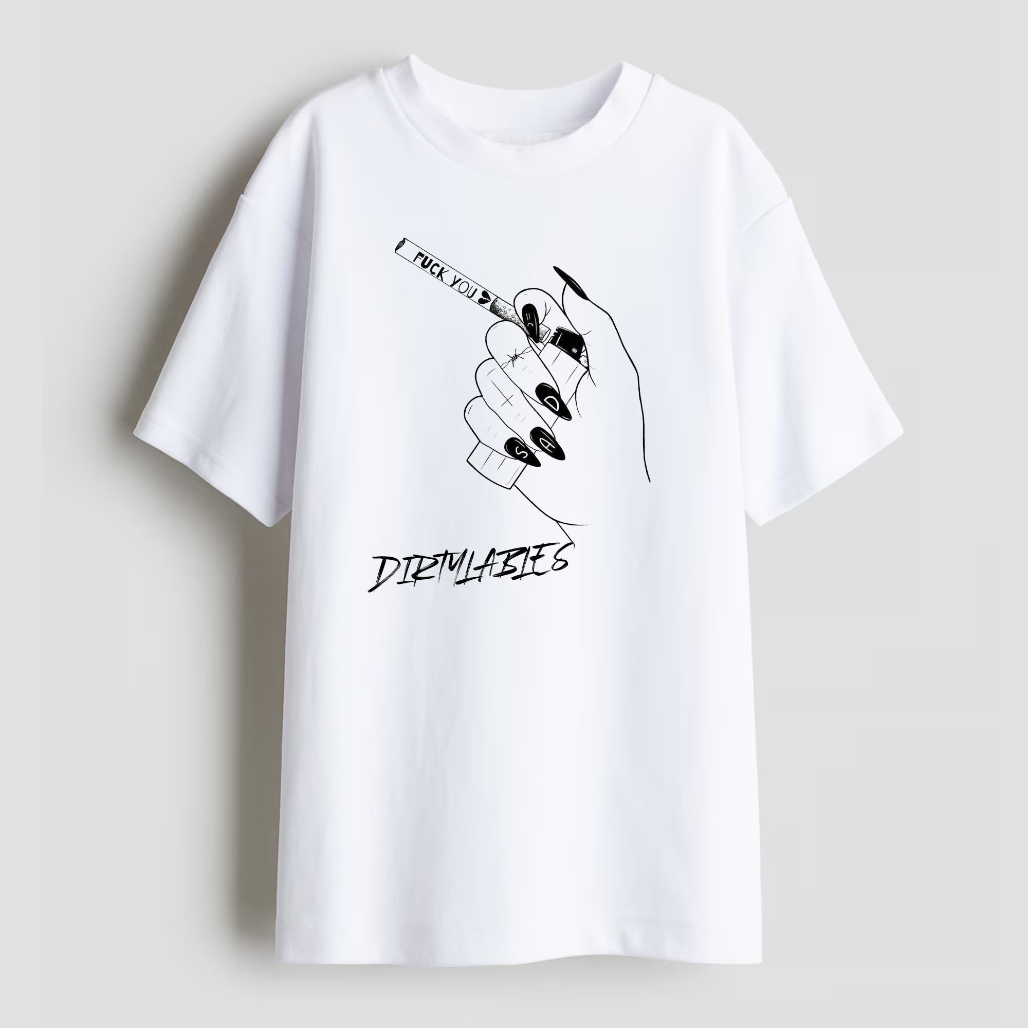 White trendy streetwear t-shirt featuring a hand illustration and bold text design