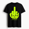 Trendy unisex shirts India featuring bold graphic design with a vibrant message on a black background