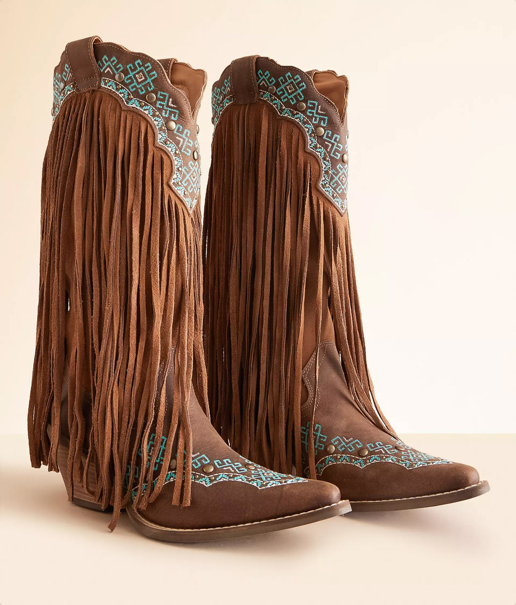 Stylish brown cowboy boots with turquoise leather accents and fringe detailing for a western-inspired look
