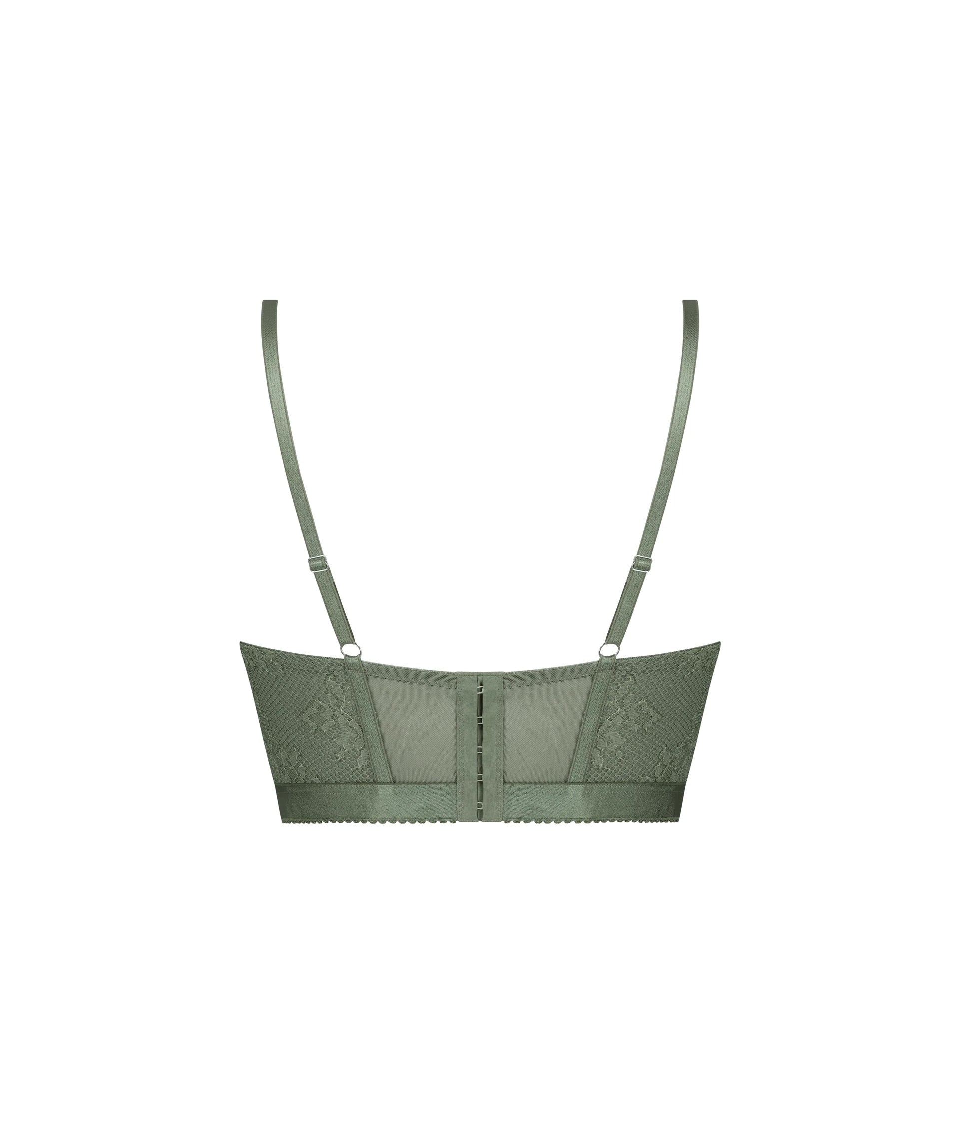 Dirtylabels underwired longline bra India in olive green with delicate lace detailing and adjustable straps