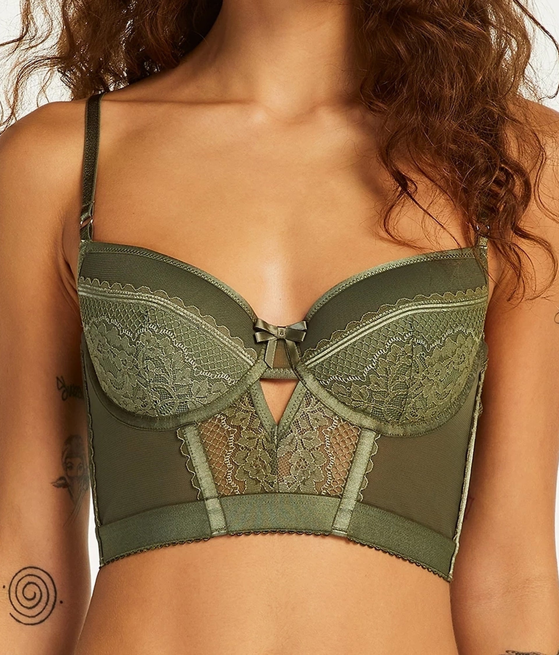 Olive green underwired longline bra India with lace detailing and a decorative bow