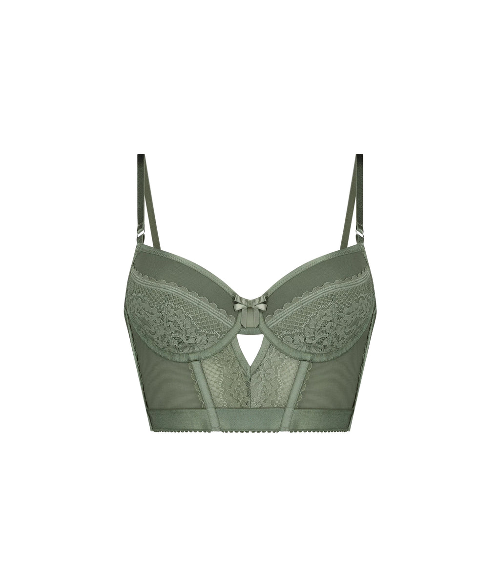 Stylish underwired longline bra India in green with lace detailing and bow accent for elegant support