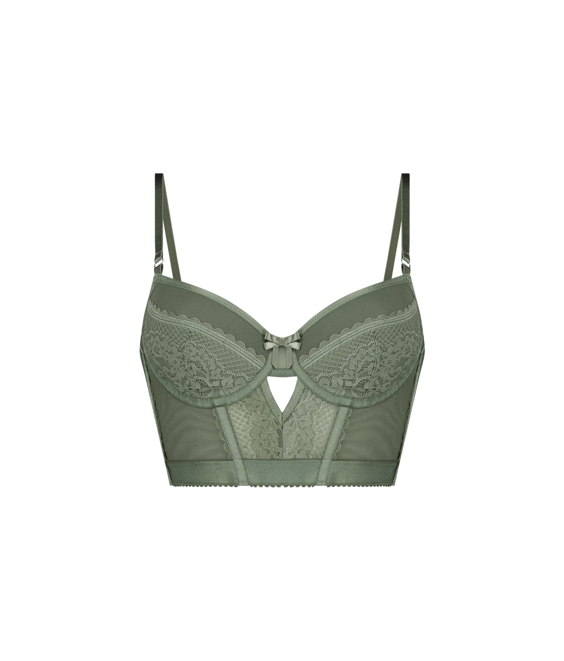 Stylish underwired longline bra India in green with lace detailing and bow accent for elegant support