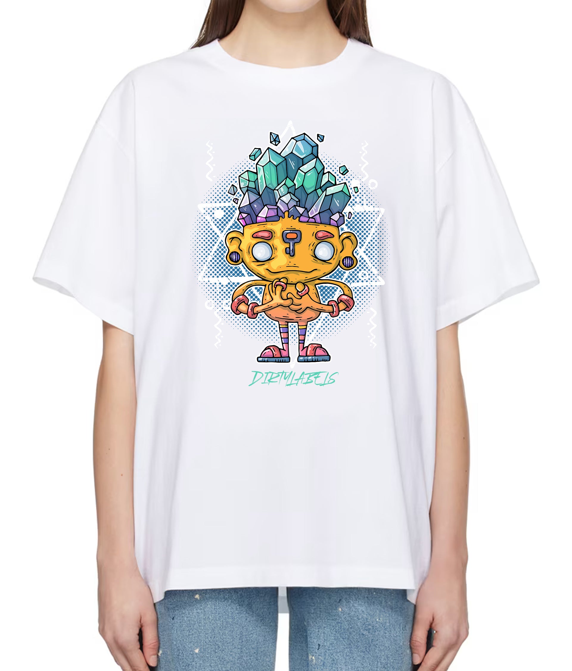 Unique graphic tee online featuring a colorful cartoon design on a white oversized shirt