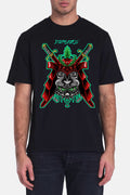 Black t-shirt featuring a unique samurai print shirt design with vibrant colors and sword graphics