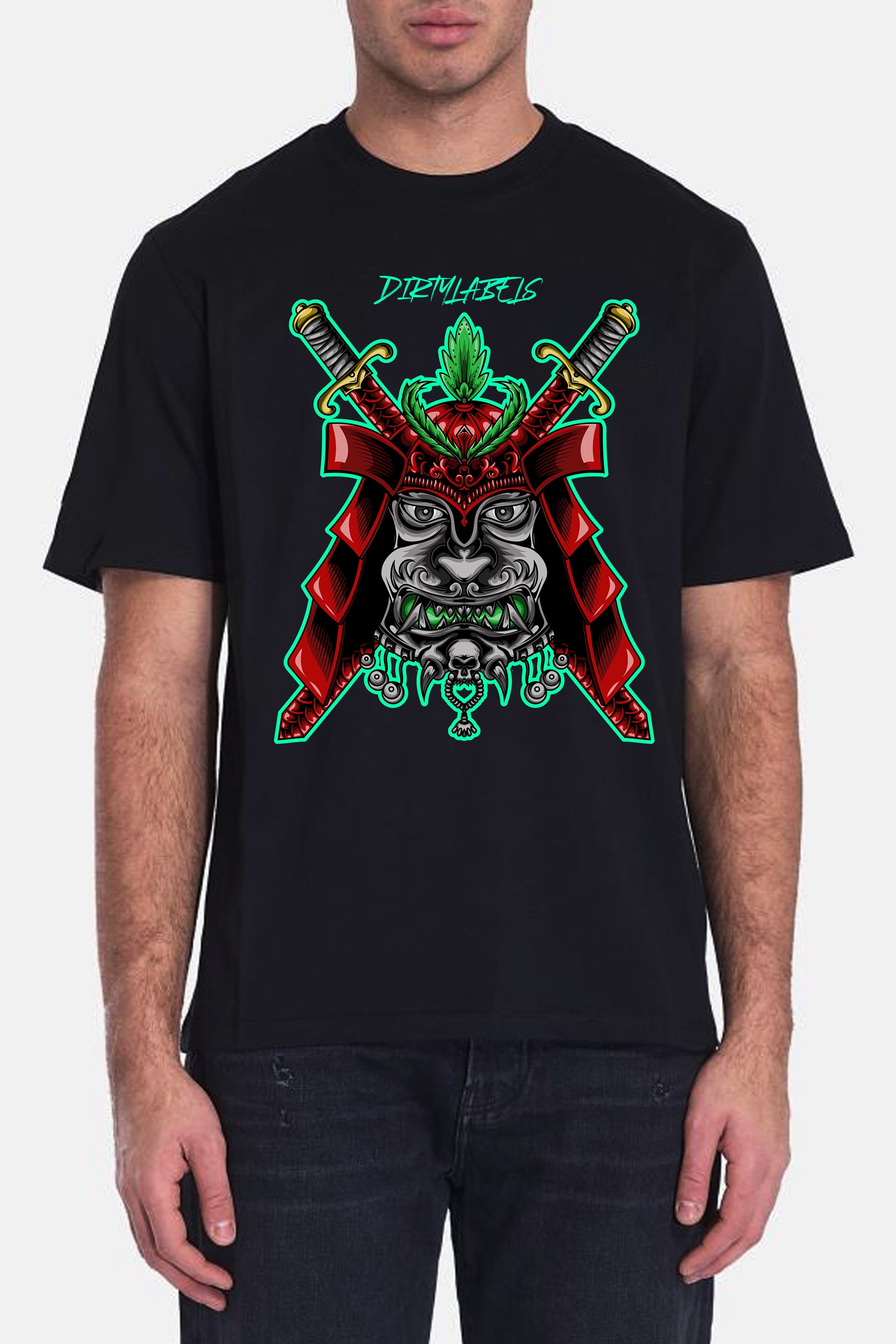 Black t-shirt featuring a unique samurai print shirt design with vibrant colors and sword graphics