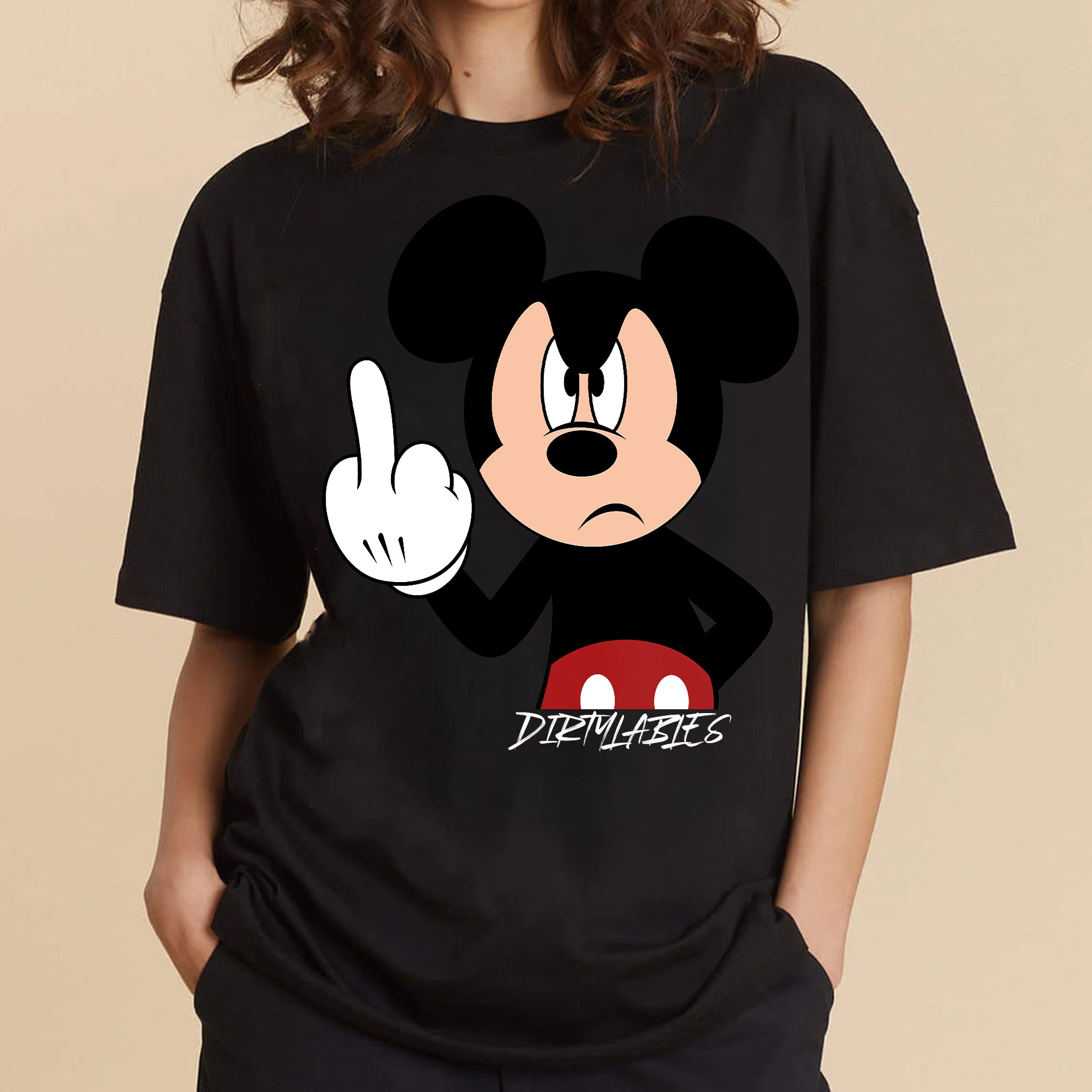 Angry cartoon tee featuring a black character with a raised finger and the Dirtylabels logo