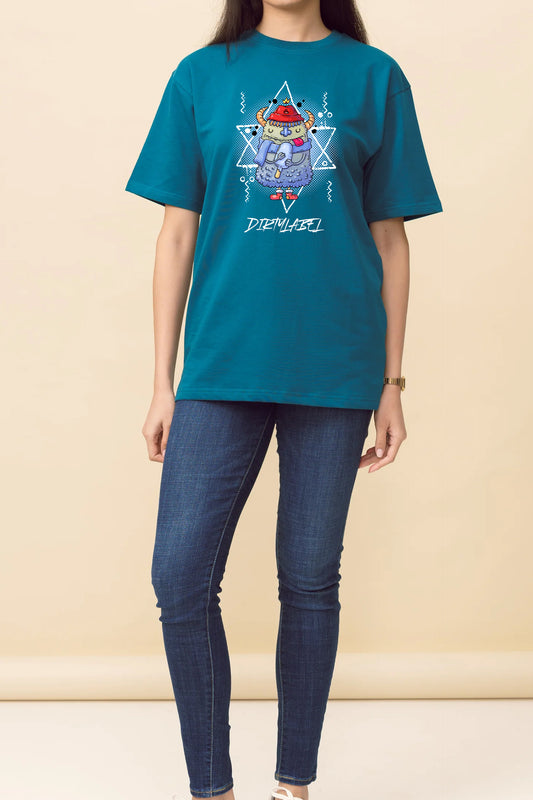 Teal graphic tee for women featuring playful design and relaxed fit for casual wear