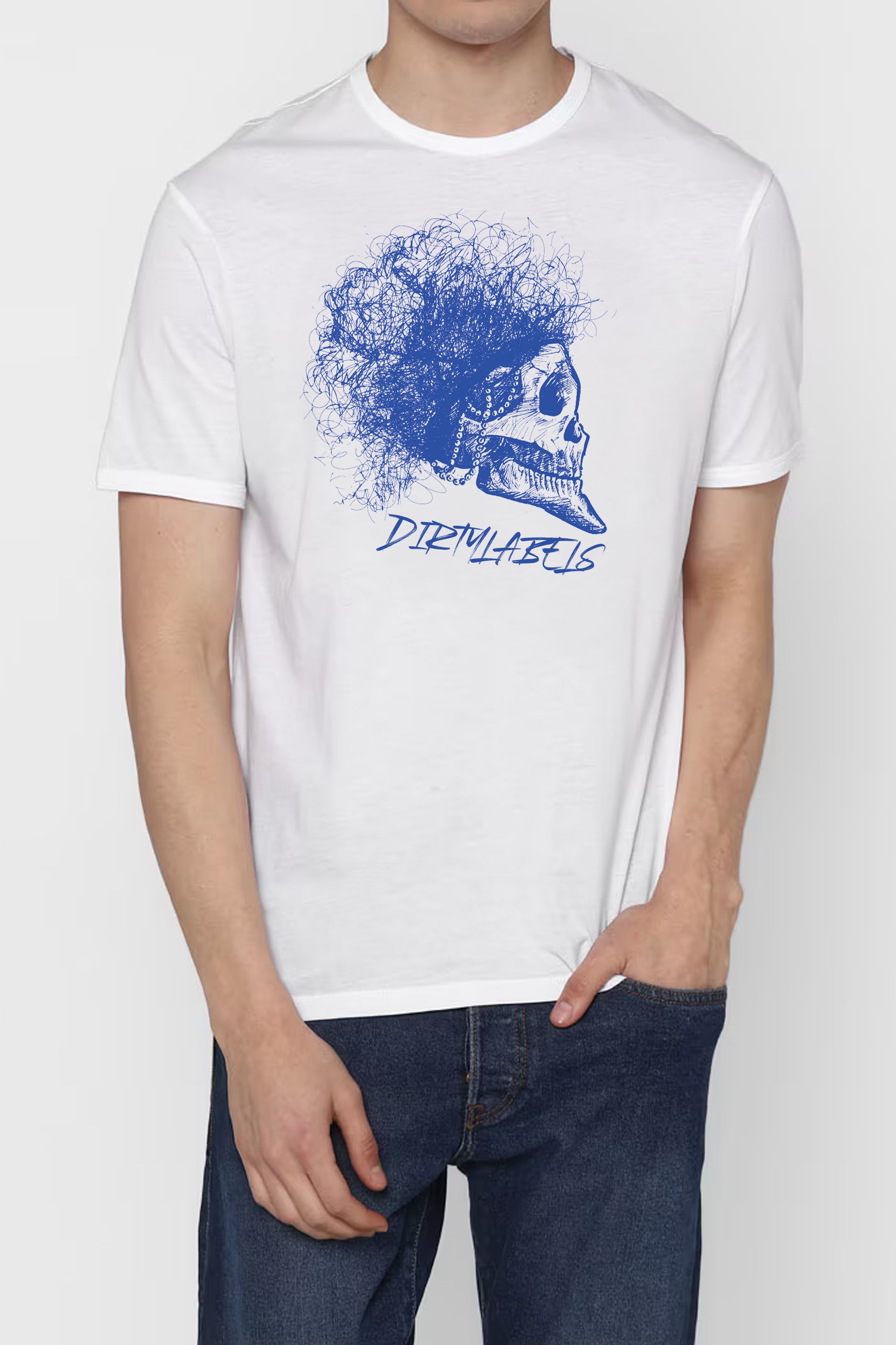 Dirtylabels Skull Graphic T-Shirt in White with Blue Artistic Skull Design
