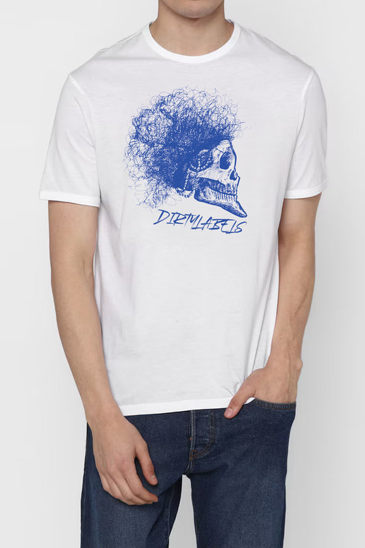 Dirtylabels Skull Graphic T-Shirt in White with Blue Artistic Skull Design
