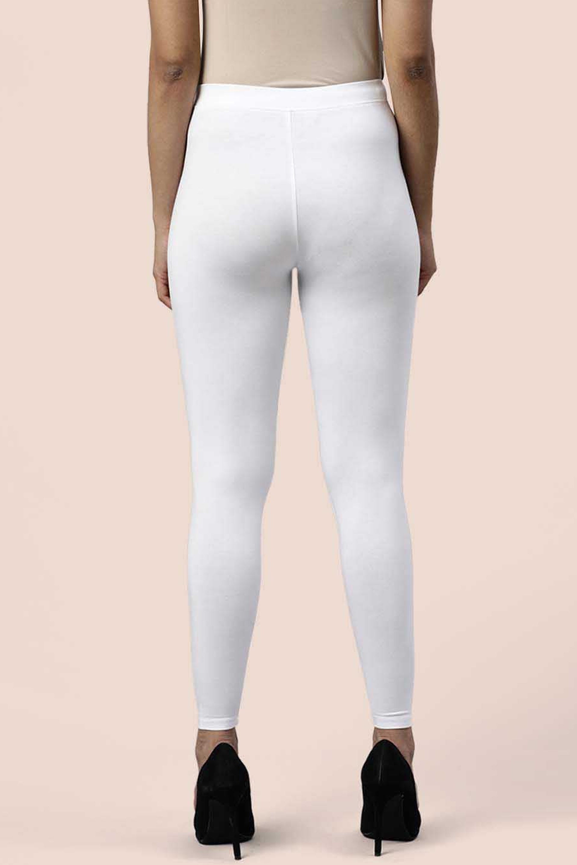 Back view of white cotton ankle leggings by DirtyLabels for comfortable all-day wear
