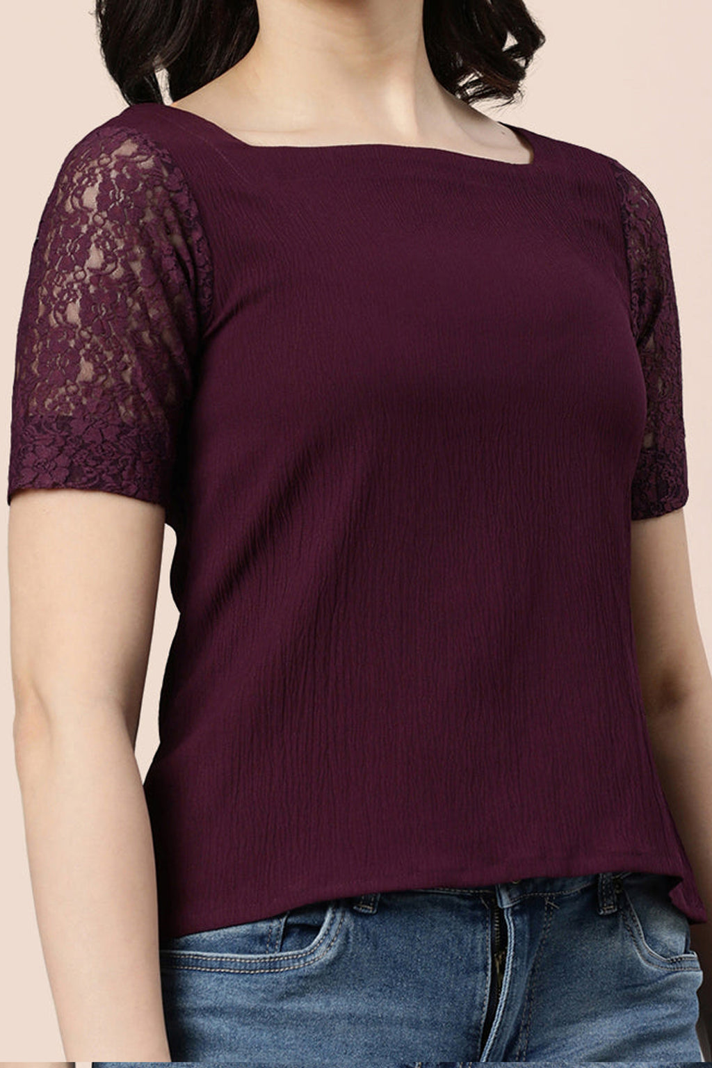 Wine lace top for women with short sleeves and textured fabric perfect for casual outings