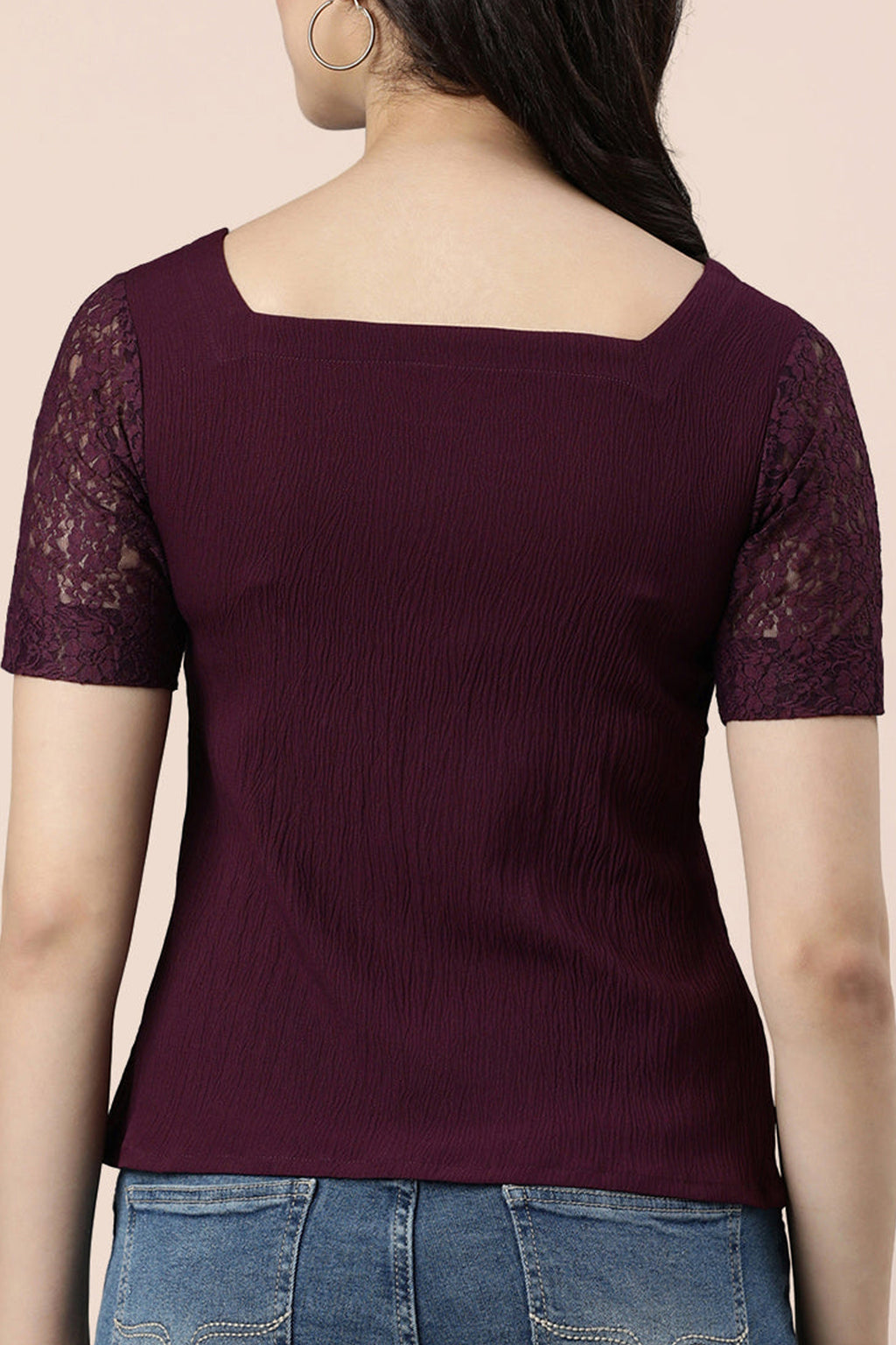 Back view of a wine lace top for women with short sleeves and a stylish design