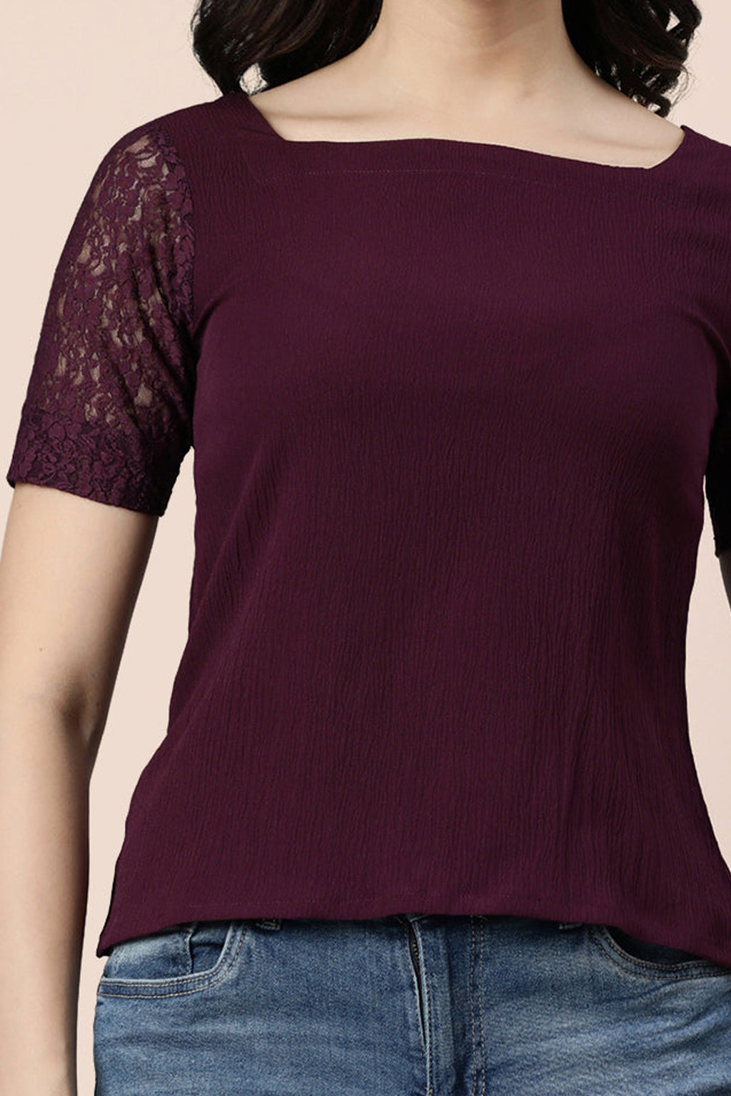 Wine lace top for women featuring elegant lace sleeves and a stylish square neckline