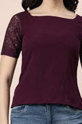Wine lace top for women featuring elegant lace sleeves and a stylish square neckline