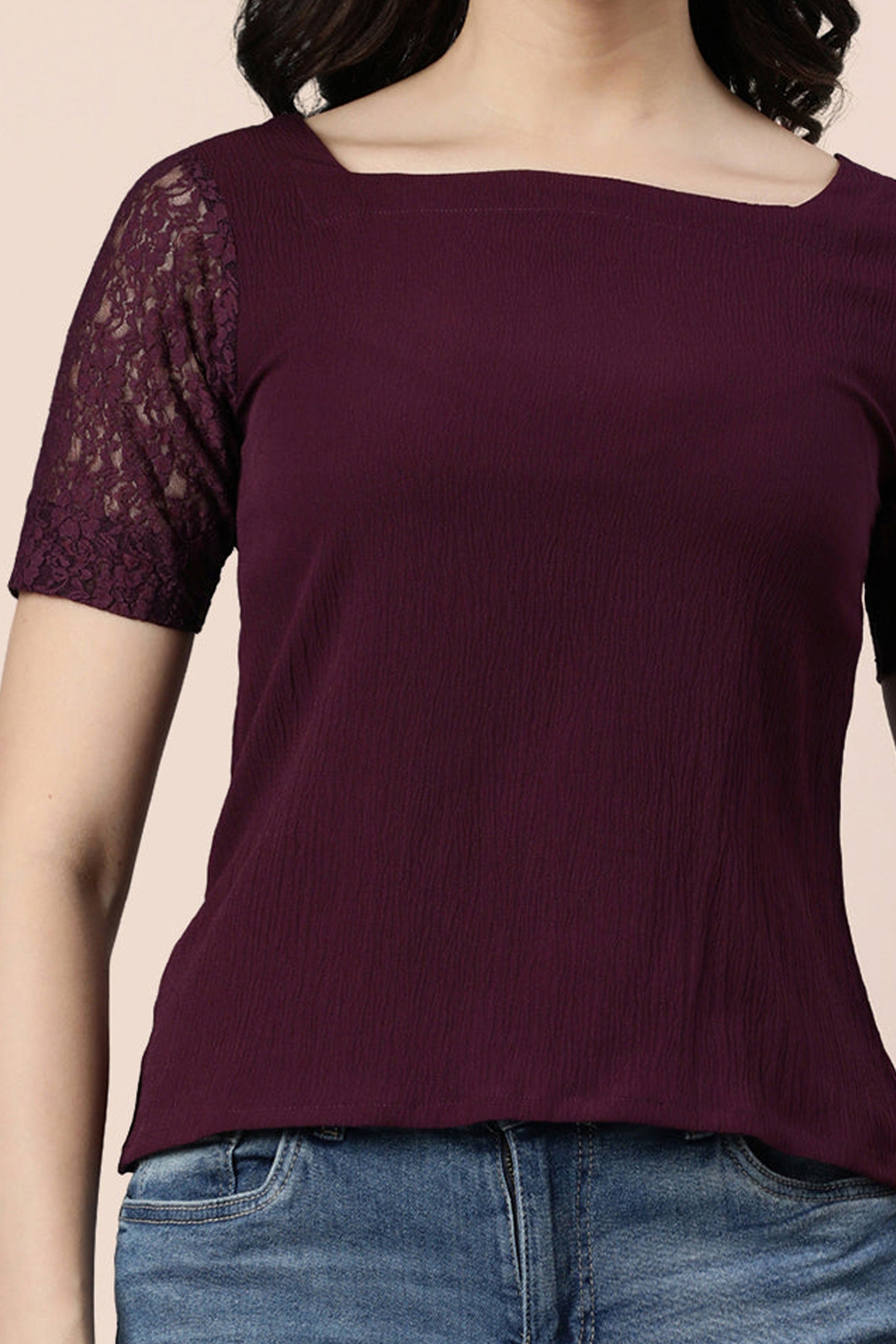 Wine lace top for women featuring elegant lace sleeves and a stylish square neckline