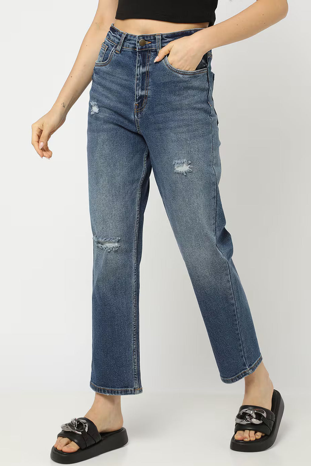 Women distressed bootcut jeans with a relaxed fit and trendy ripped details for casual style