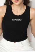Black women's casual tank top with Dirty Labels logo for everyday style and comfort
