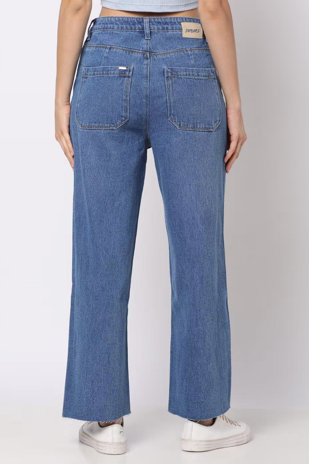 Back view of women wide-leg jeans in blue with a relaxed fit and classic style