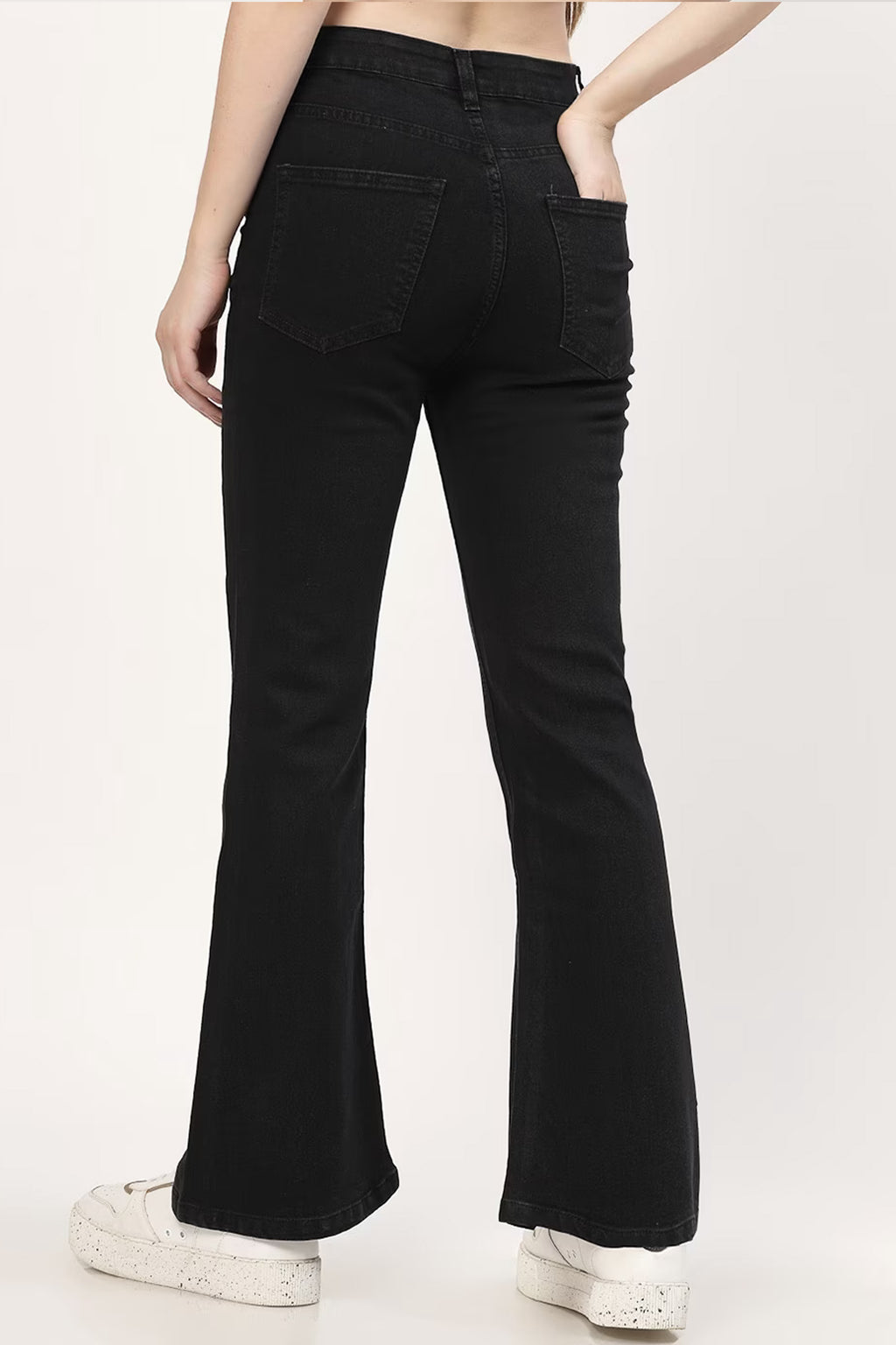 Women’s black bootcut jeans featuring a fitted waist and flared legs for a stylish look