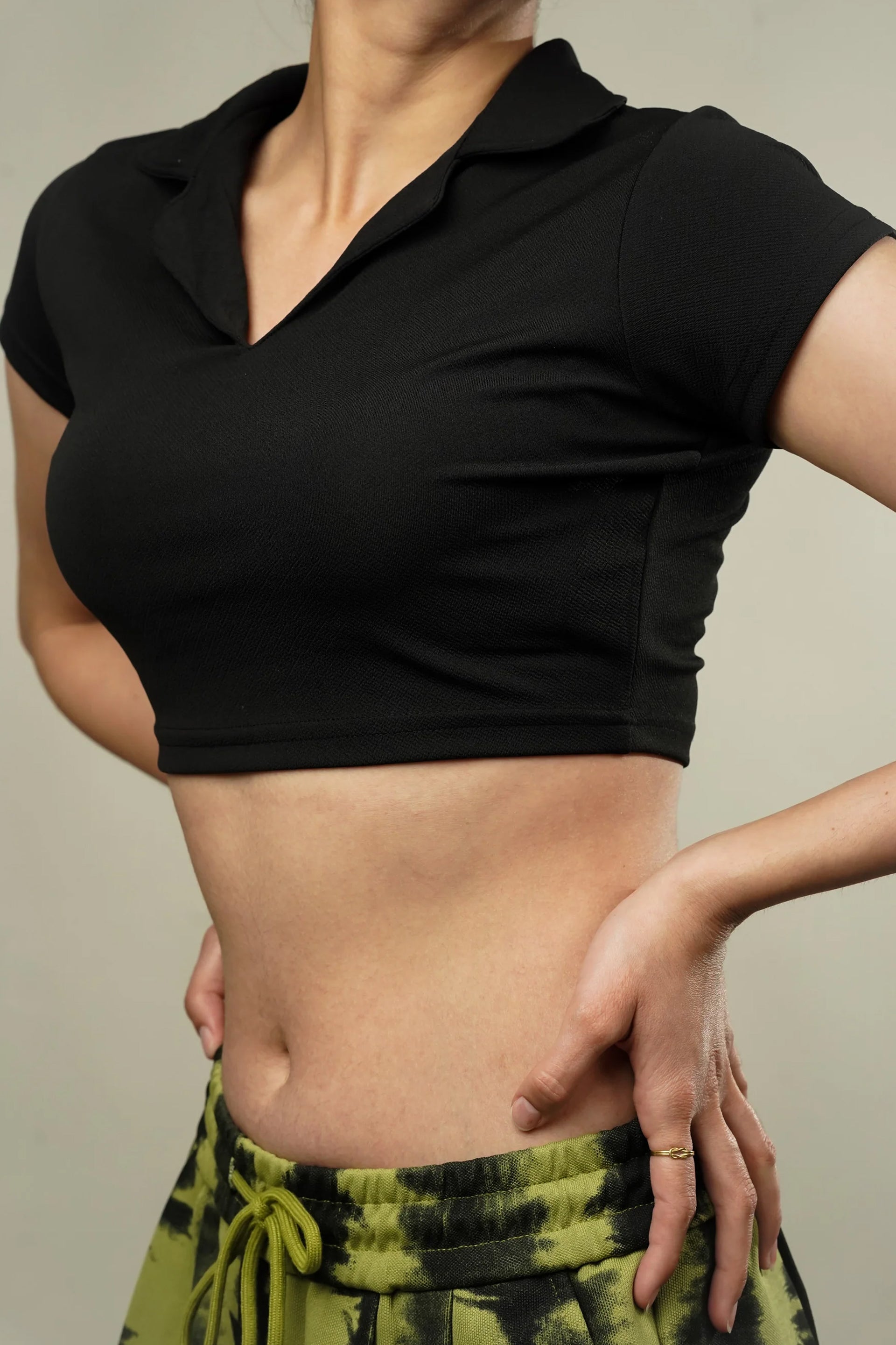 Women's Black Crop Top India with a stylish collar and fitted design ideal for casual wear