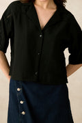 Women's black summer shirt with a relaxed fit and short sleeves for casual style