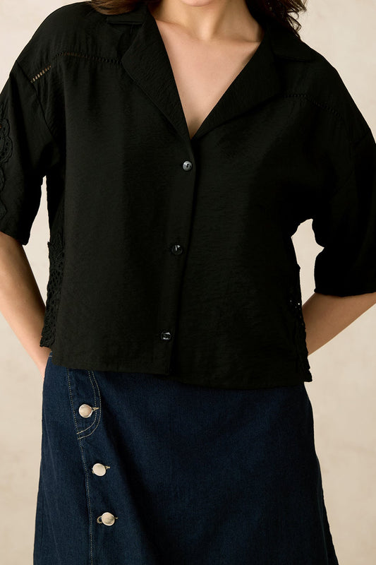 Women's black summer shirt with a relaxed fit and short sleeves for casual style
