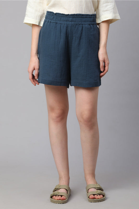 Dirtylabels women's blue cotton shorts with an easy fit and comfortable fabric for casual wear