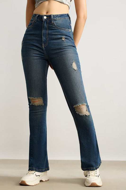 Women's distressed denim online featuring a high-waisted design and stylish rips for a trendy look