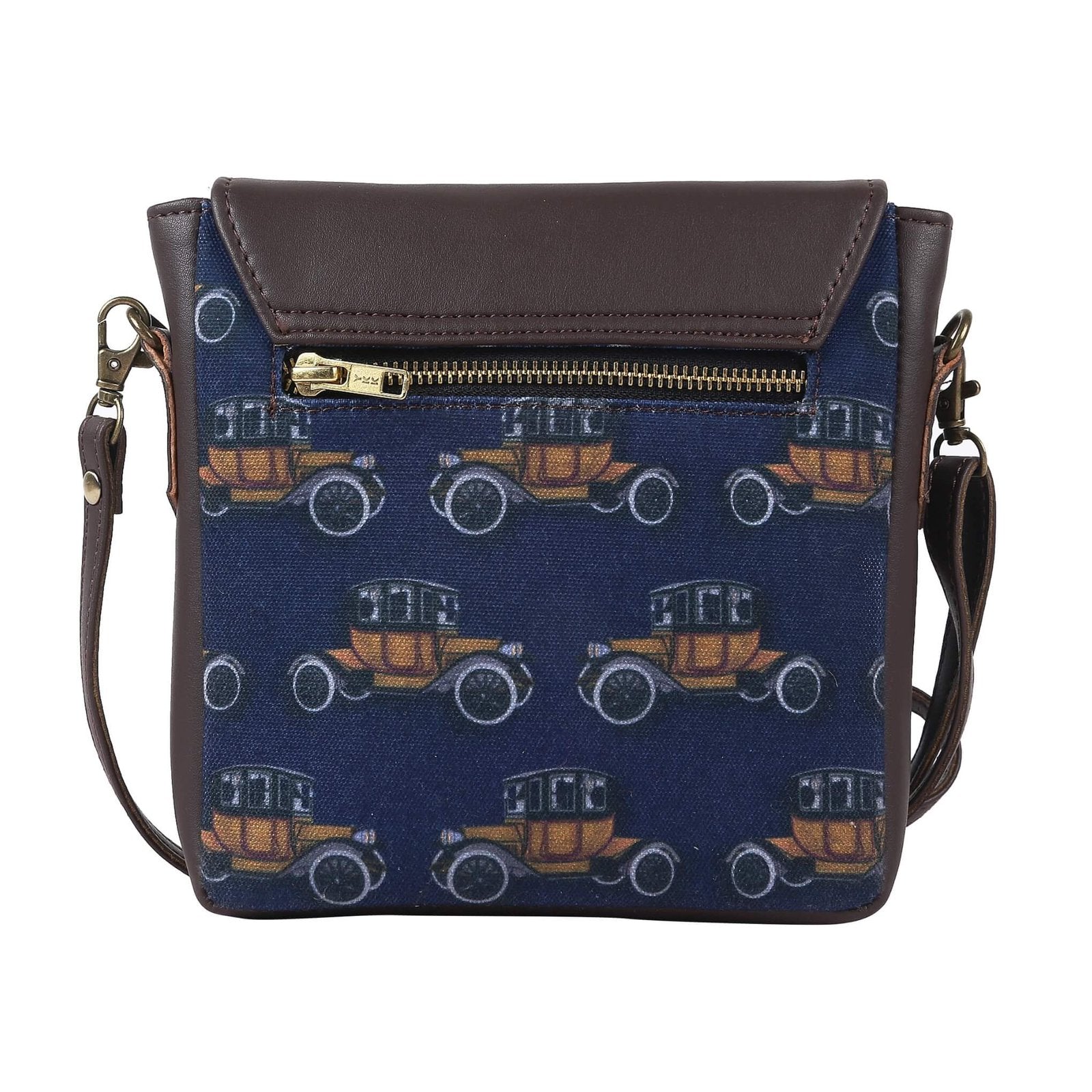 Fatfatiya women's fashion travel bag featuring a vintage car pattern with a stylish flap and adjustable strap