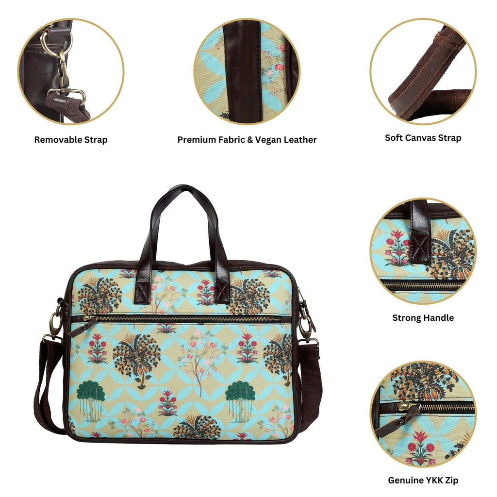 Fatfatiya women's garden design laptop bag with premium fabric and vegan leather details