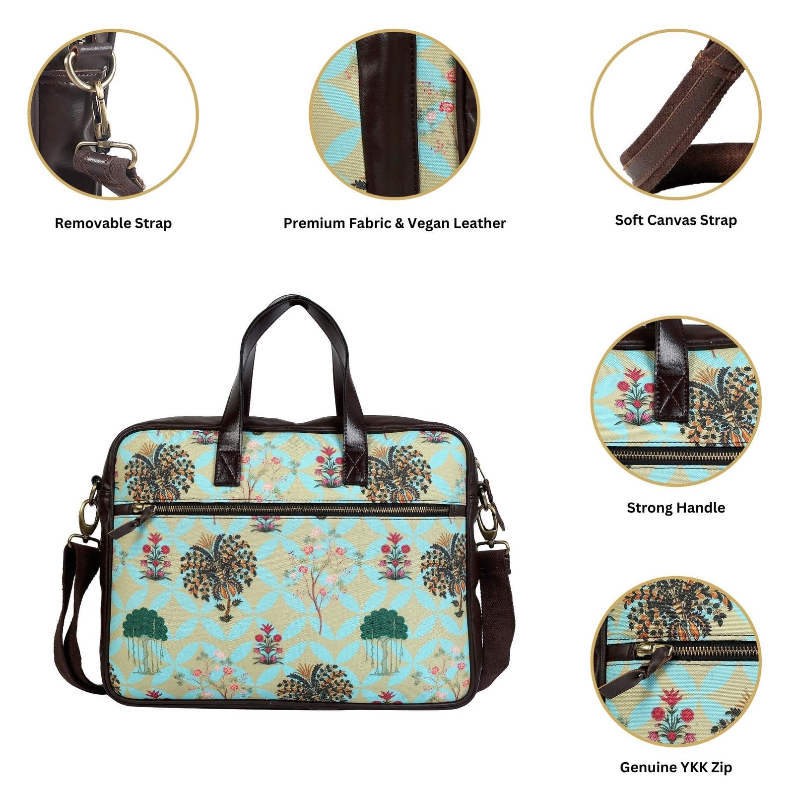 Fatfatiya women's garden design laptop bag with premium fabric and vegan leather details
