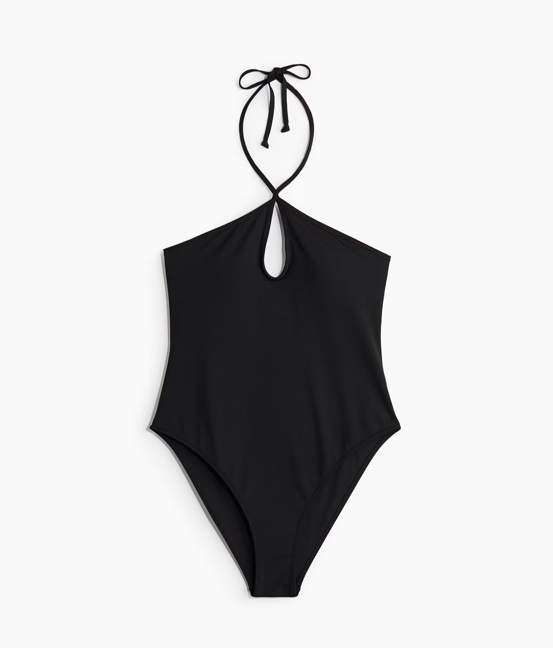 Stylish black women's halterneck swimwear with a keyhole design and adjustable tie