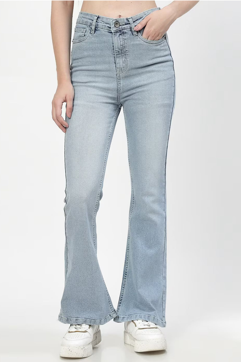 Light blue flared women's jeans for all seasons with a flattering high waist design