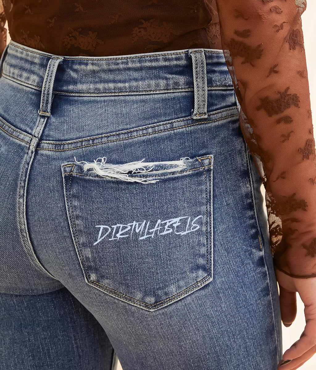 Dirtylabels women's mid-rise flare jeans with distressed patch and stylish design