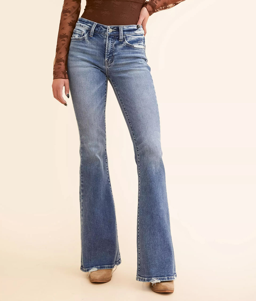 Dirtylabels women's mid-rise flare jeans in light wash with a stylish fit and flared hem