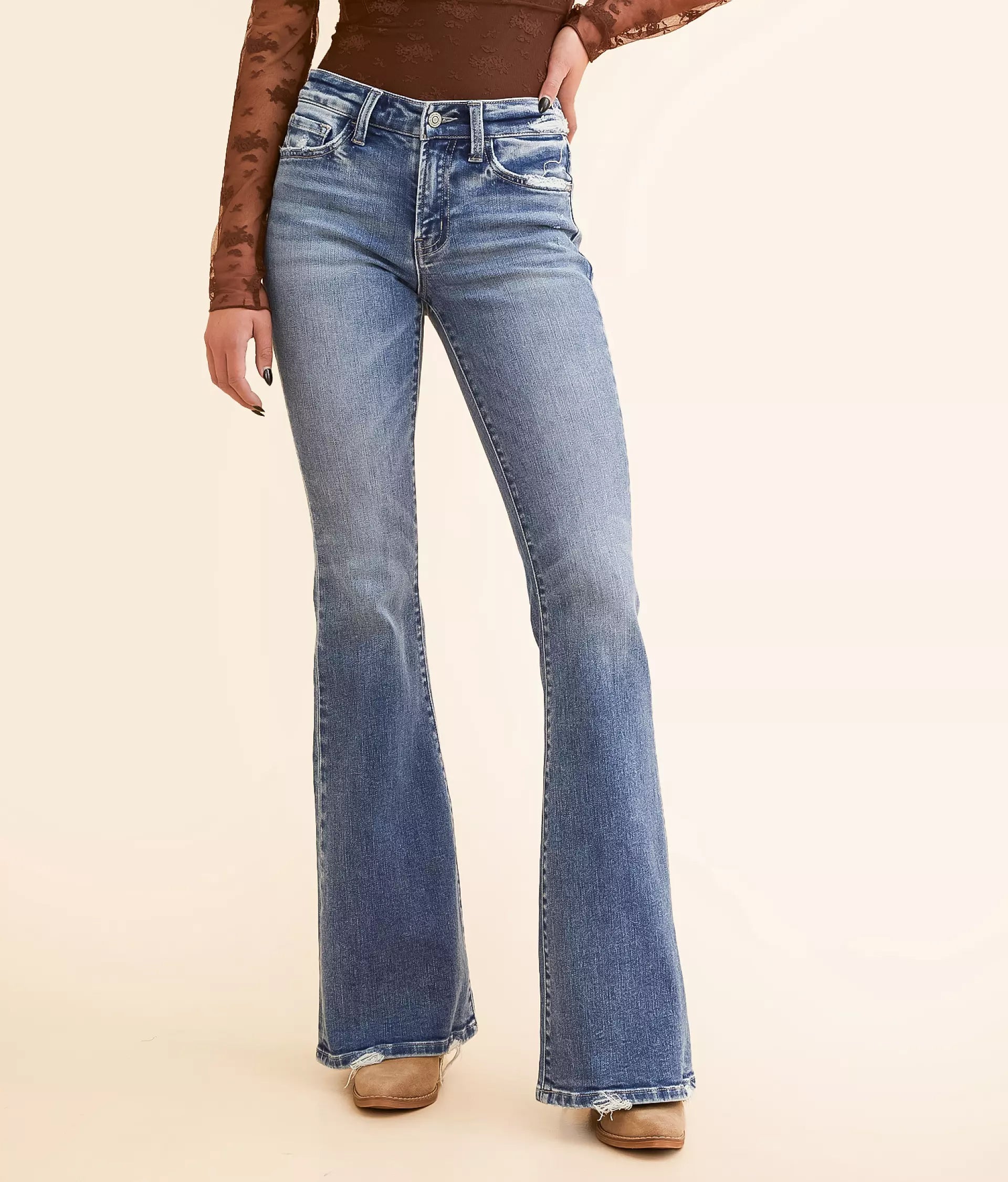 Dirtylabels women's mid-rise flare jeans in light wash with a stylish fit and flared hem