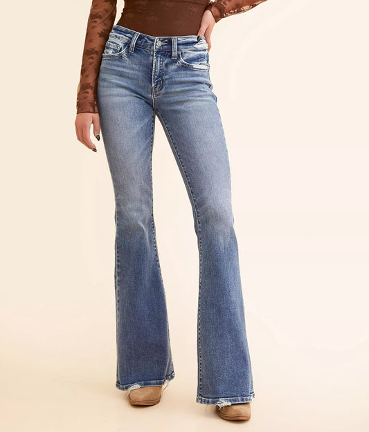 Dirtylabels women's mid-rise flare jeans in light wash with a stylish fit and flared hem