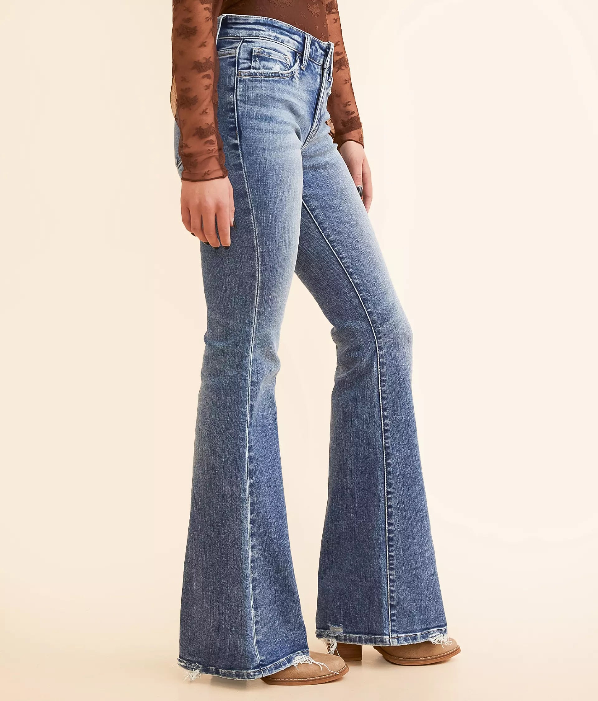 Dirtylabels women's mid-rise flare jeans in light blue with a stylish flared bottom for a fashionable look
