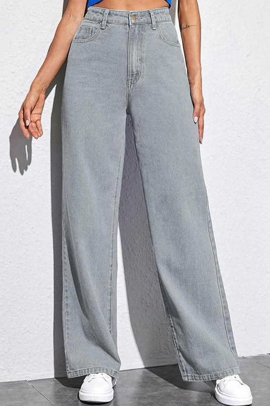 Women's mid-rise grey jeans with a relaxed fit and wide leg for casual style