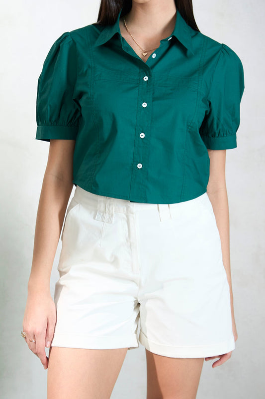 Dirtylabels women's puff sleeve blouse in teal with button details and short sleeves
