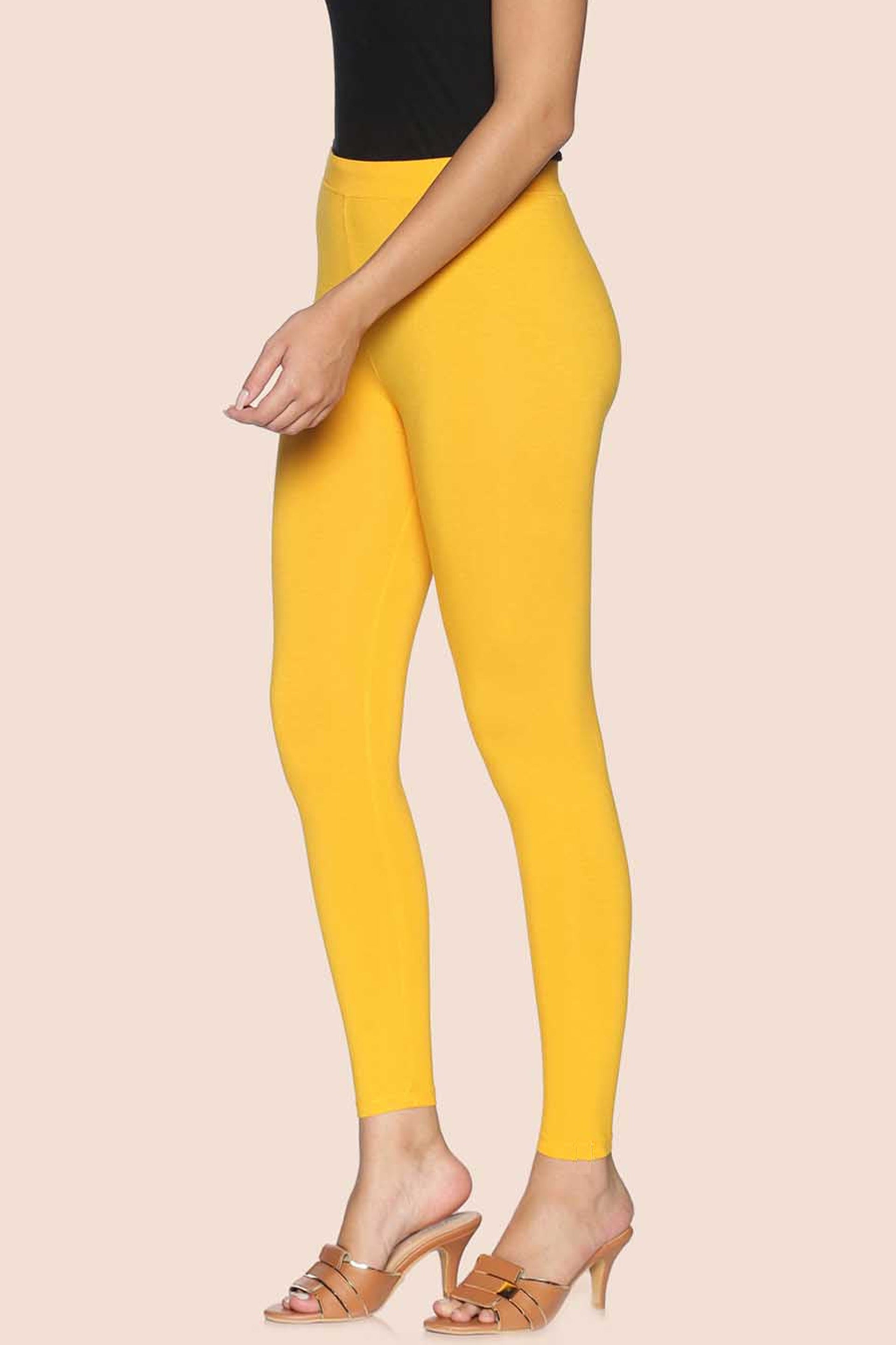 Side view of yellow cotton ankle leggings, perfect for casual wear and comfortable fit
